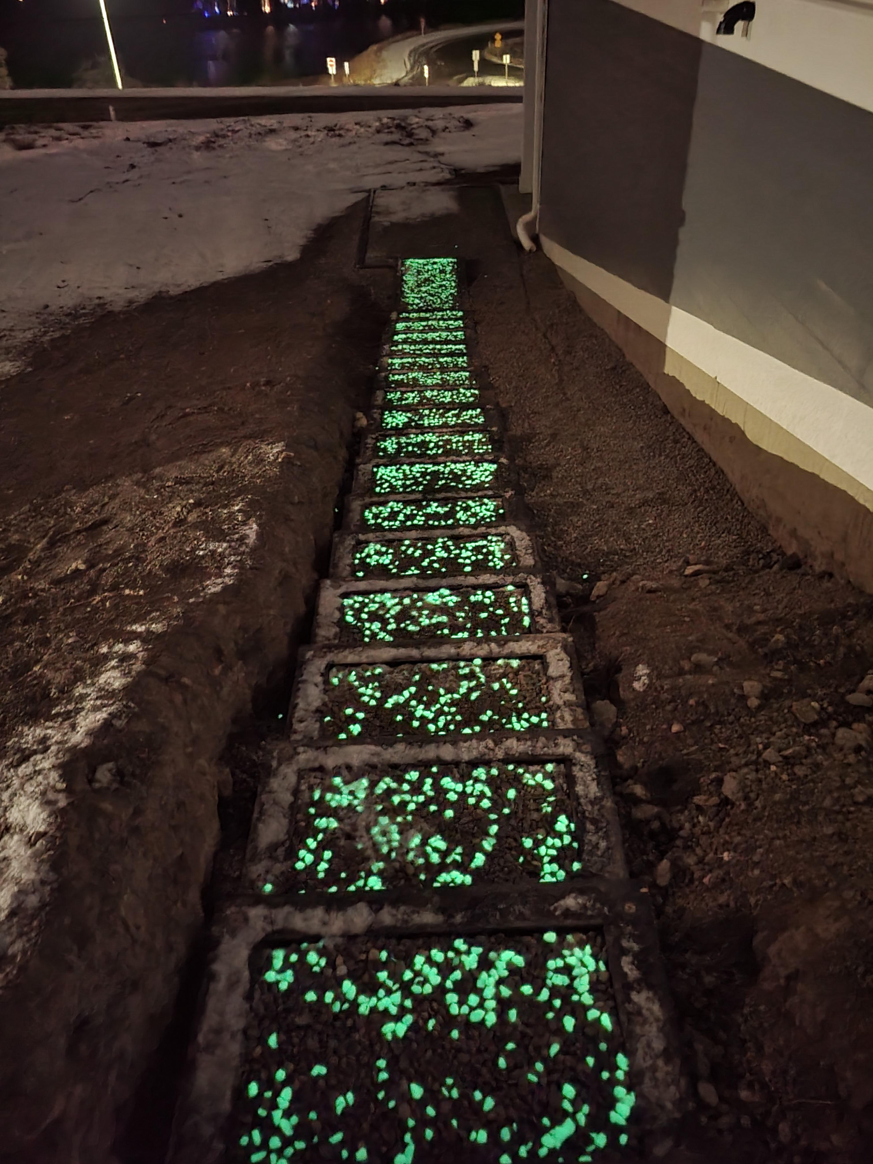 Close-up of It Glows glow-in-the-dark stones in a pathway, emitting a soft aqua-blue-green light.