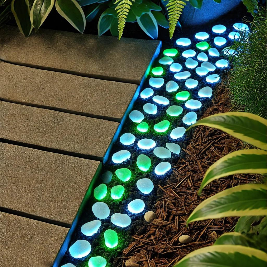 Close-up of It Glows glow-in-the-dark stones on a pathway edging, emitting a soft blue-green light.