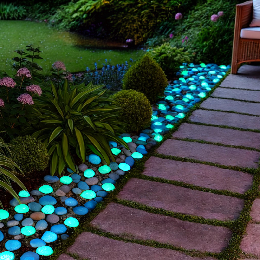 Close-up of a pathway lined with glow-in-the-dark stones, emitting a soft blue-green light. The stones are embedded in a gravel bed, surrounded by lush greenery, creating a magical, illuminated garden scene at dusk.